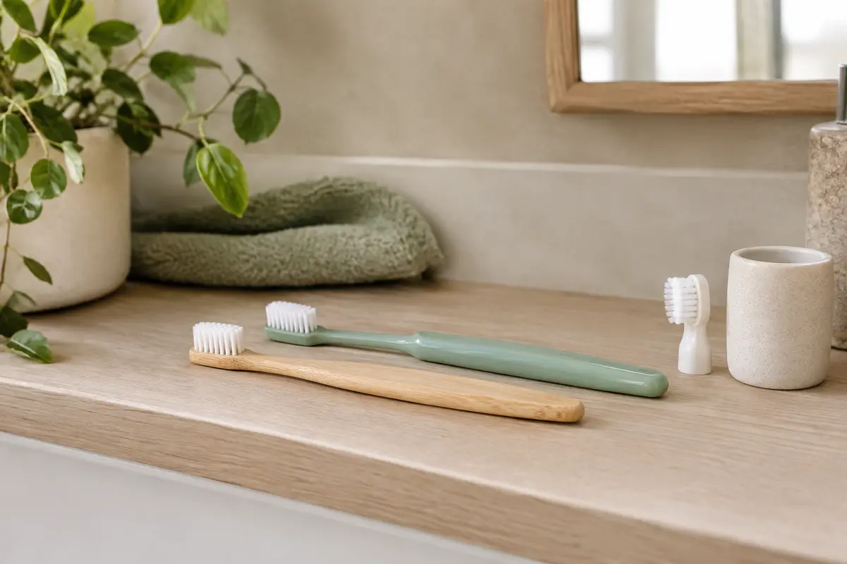 Deux brosses à dents aux manches de matières différentes et une tête de rechange dans une salle de bain