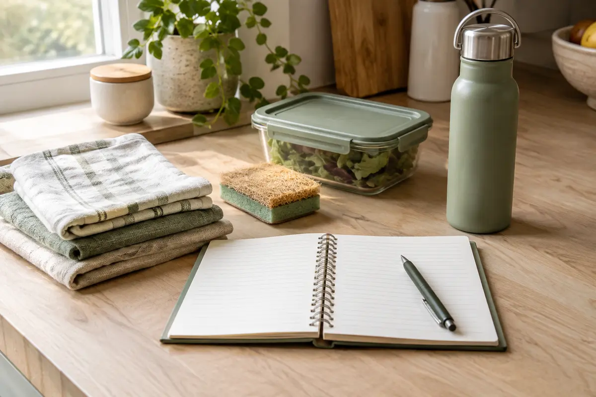 Accessoires réutilisables rangés sur un plan de travail avec un carnet de suivi des besoins