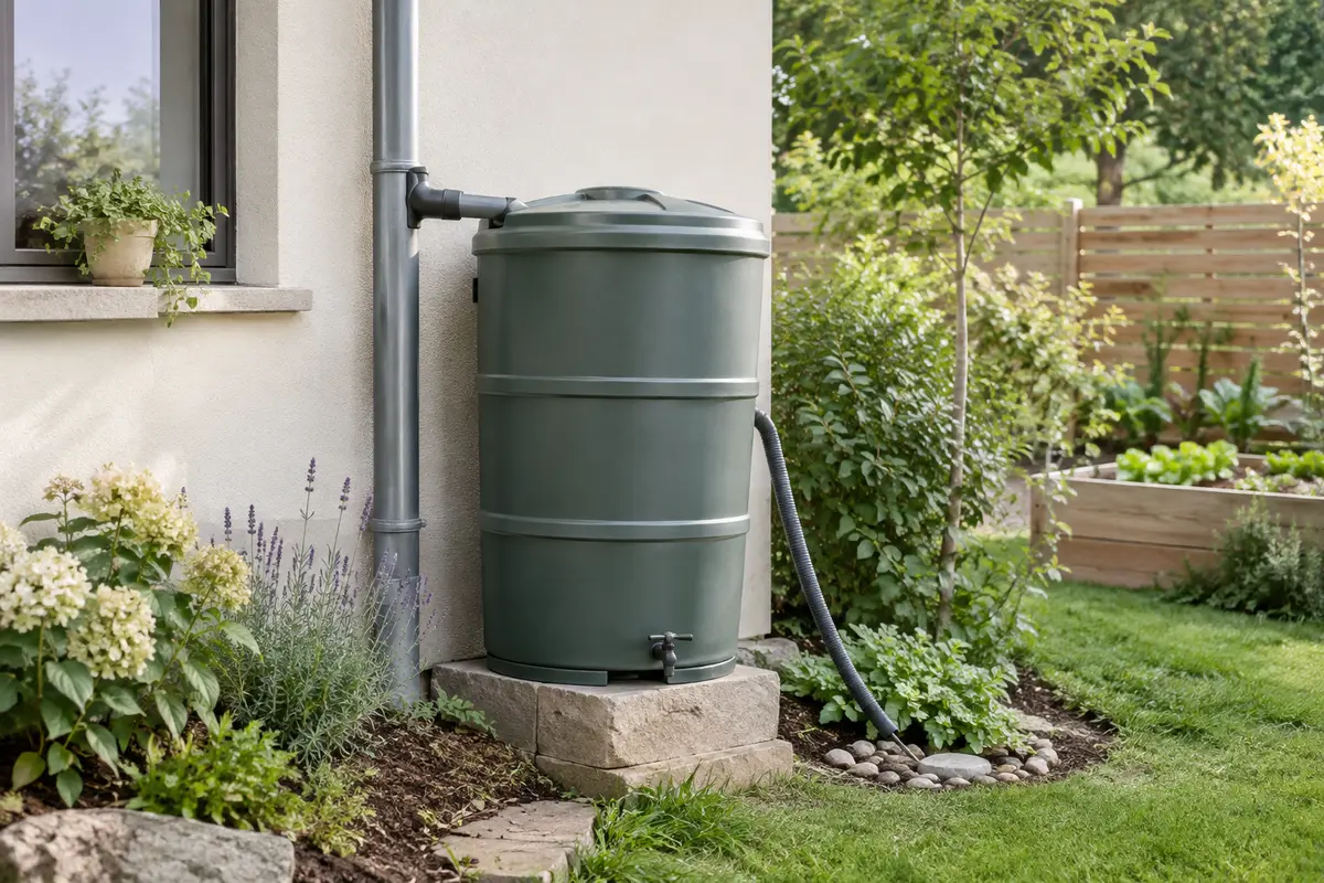 Cuve de récupération d’eau de pluie reliée à une gouttière près d’un jardin avec des plantations.