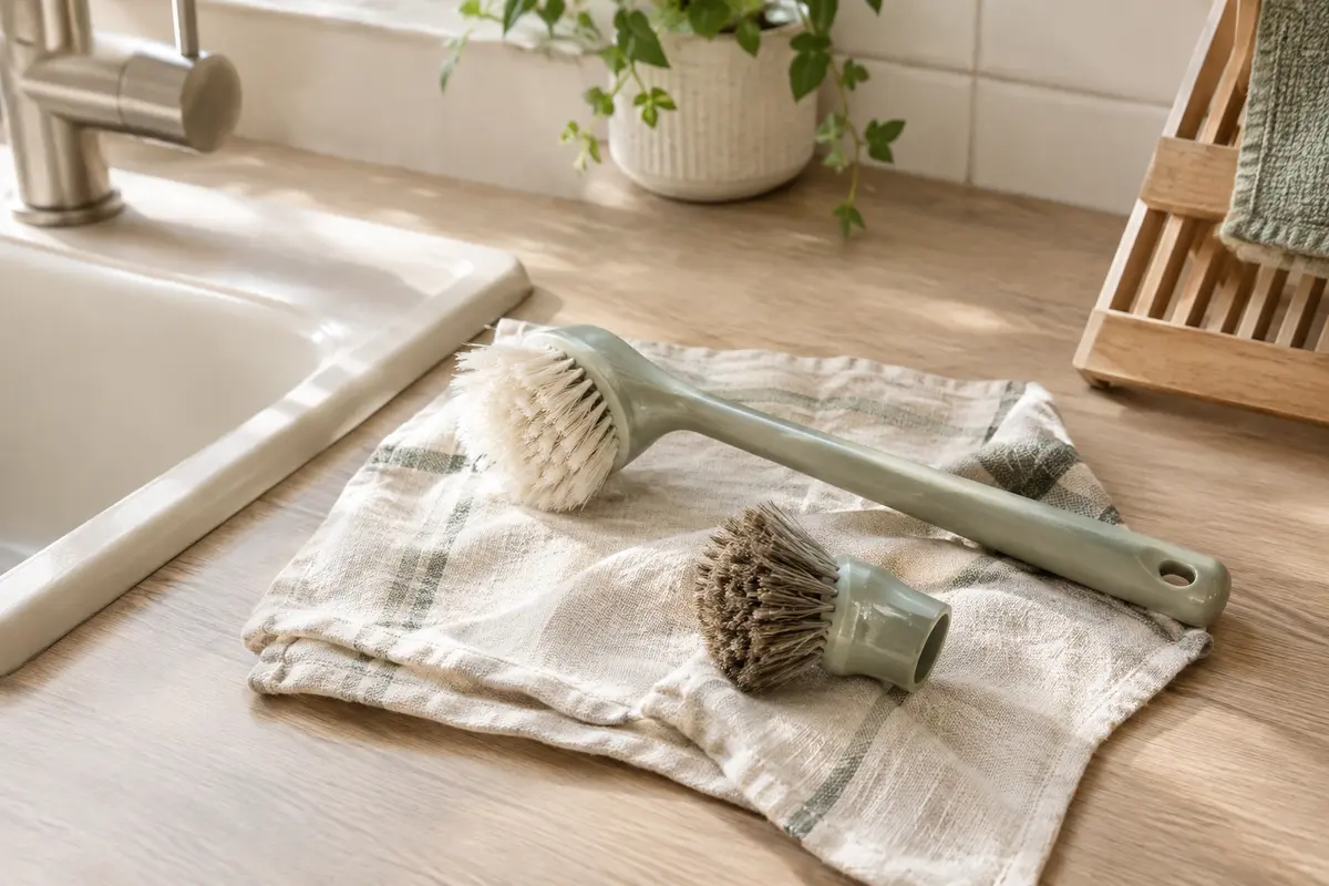 Brosses de nettoyage de formes différentes posées près d’un évier et d’un joint carrelé