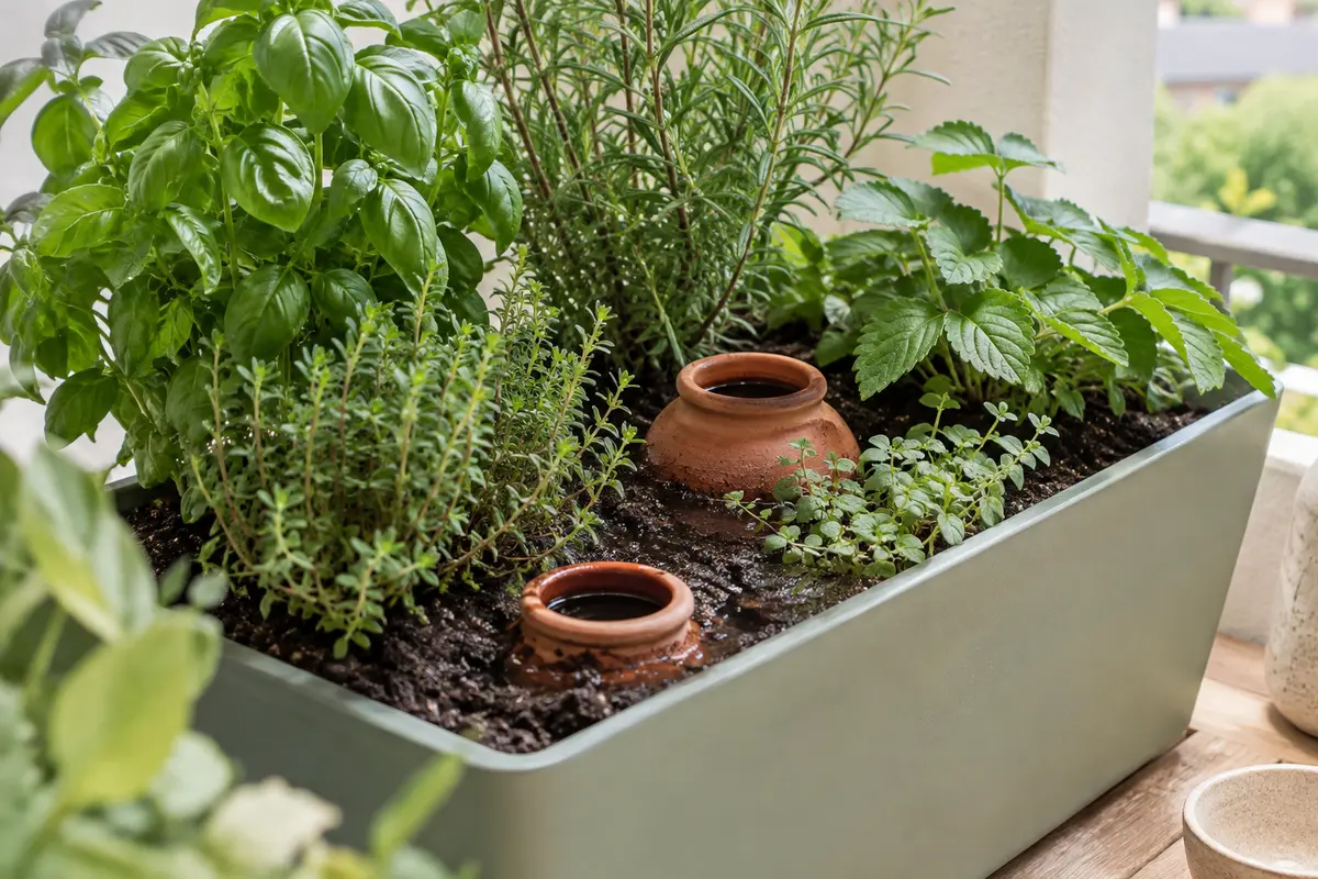 Oyas en terre cuite installés dans des pots de tailles différentes, près des plantes et des racines.