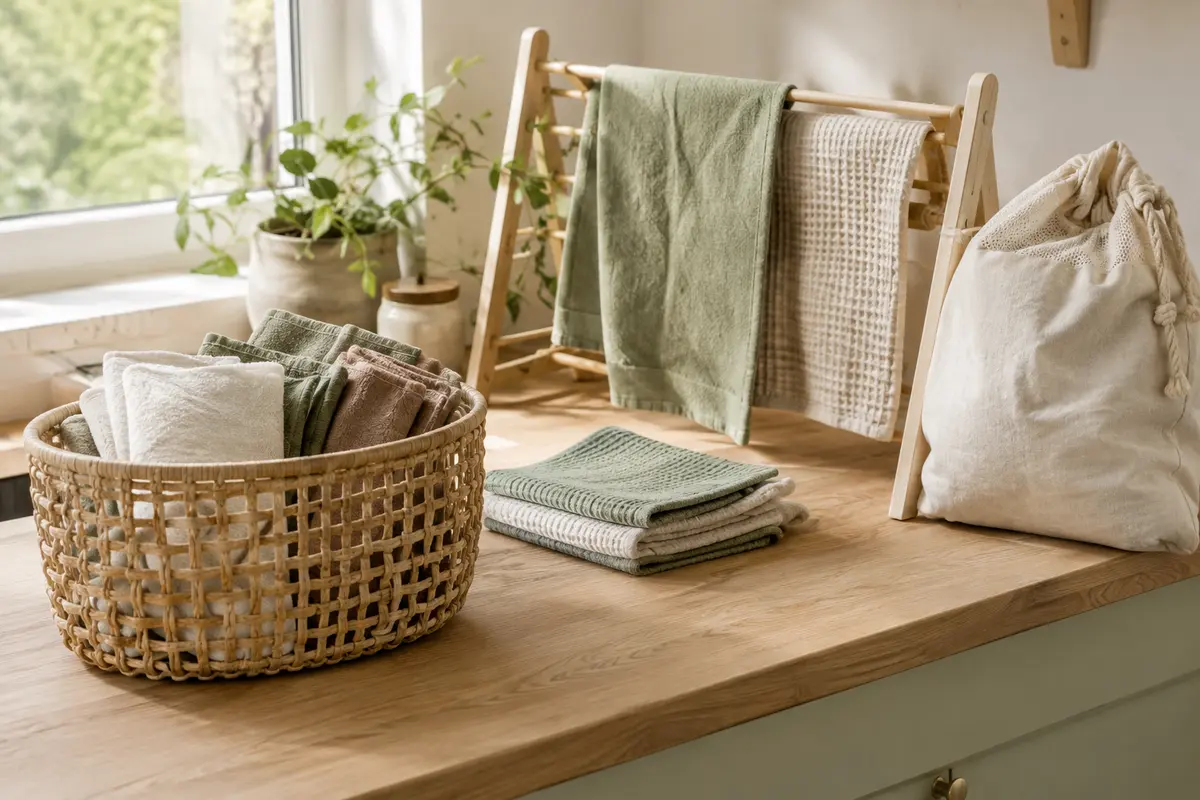 Essuie-tout lavables pliés près d’un panier de linge et de feuilles en cours de séchage dans une cuisine