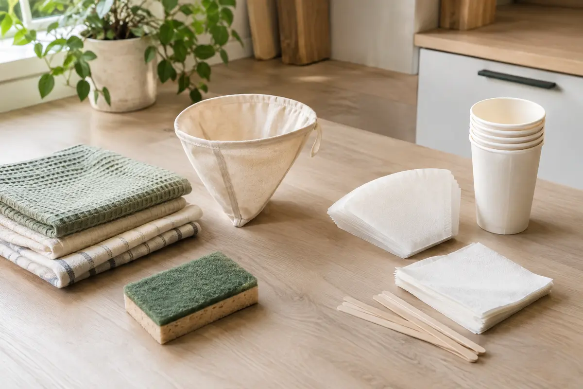 Accessoires réutilisables et jetables côte à côte sur une table de cuisine claire