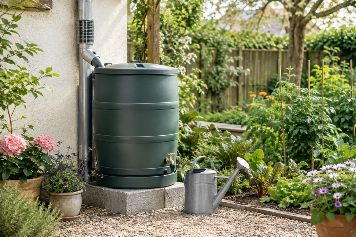 Récupérateur d’eau de pluie fermé près d’un potager, avec un arrosoir posé au pied de la cuve.
