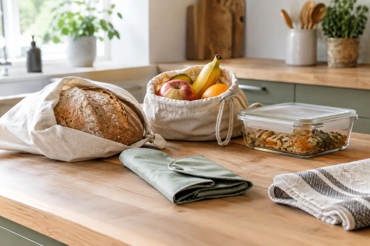 Pain dans un sac en tissu, fruits dans un sac lavable et restes conservés dans une boîte en verre