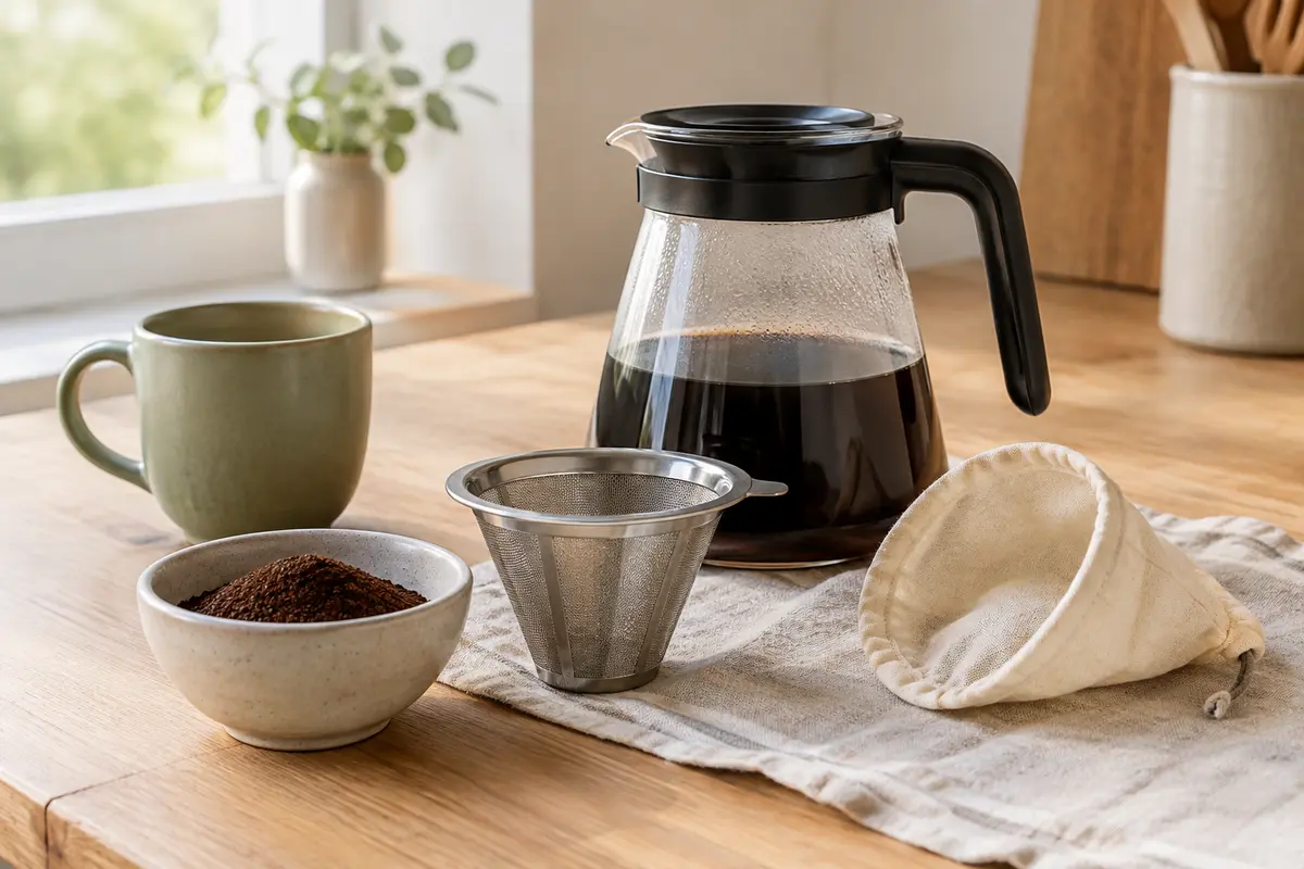Filtres à café réutilisables en acier et en tissu près d’une cafetière à verseuse et de café moulu