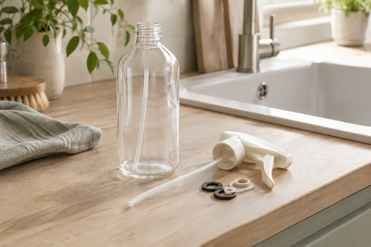 Flacon spray réutilisable et pièces de sa gâchette posés sur un plan de travail