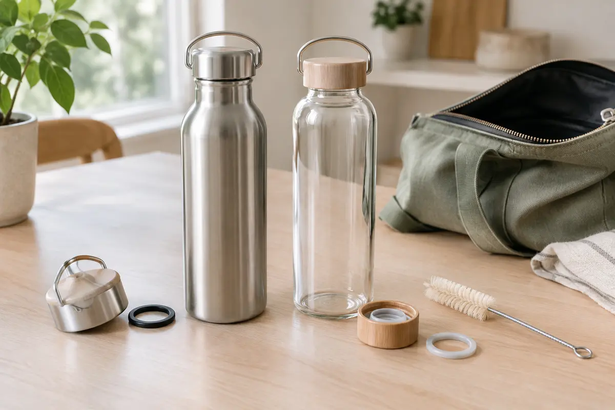 Gourde en inox et gourde en verre comparées sur un bureau, avec bouchons et brosse de nettoyage.