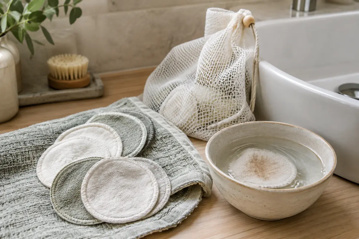 Disques démaquillants lavables près d’un lavabo, avec un filet de lavage et une coupelle d’eau