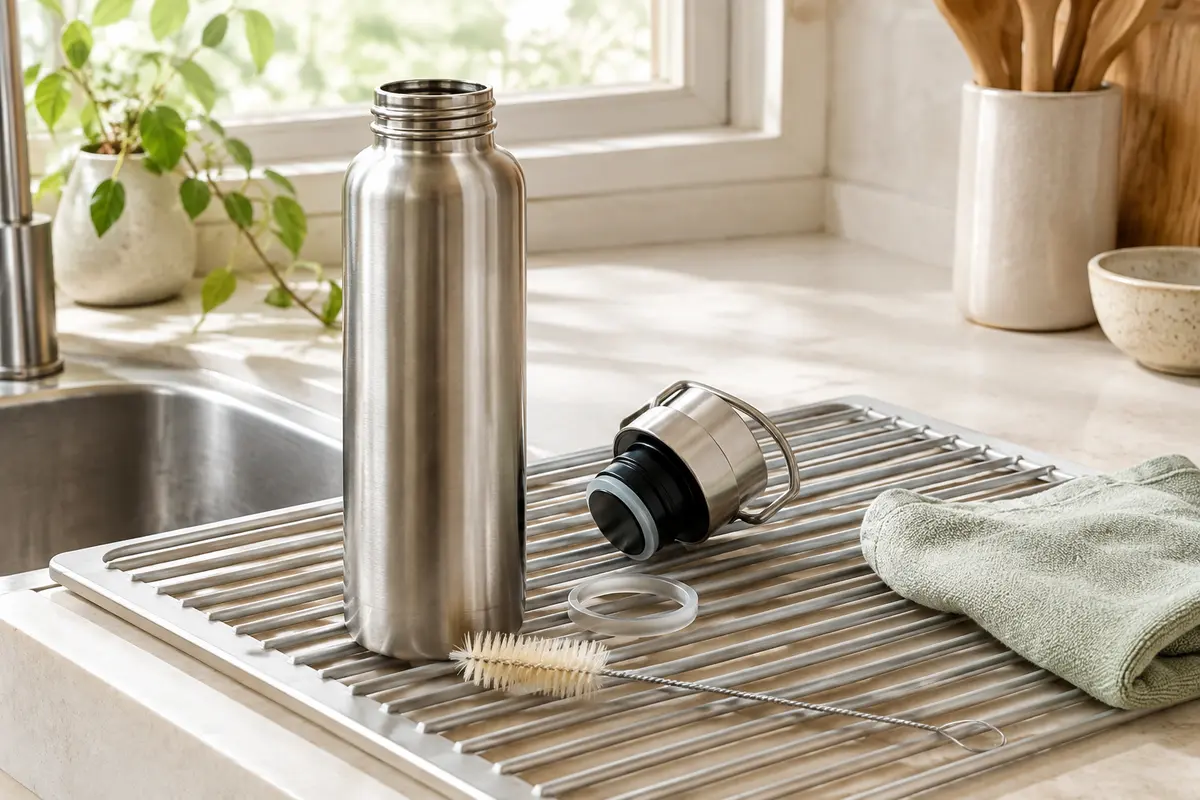 Gourde en inox ouverte et bouchon avec joint posés séparément pour sécher près d’une brosse souple