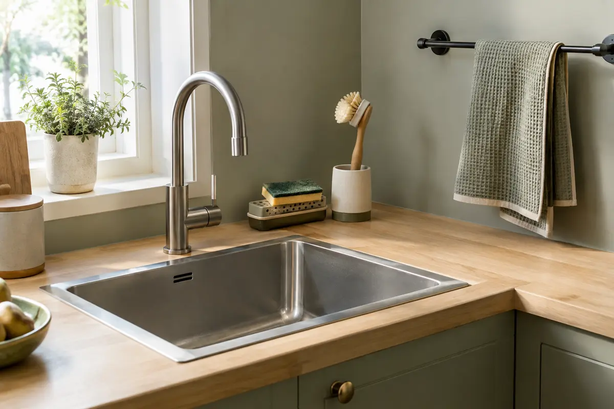 Éponge lavable sur un support ajouré et torchon déployé près d’un petit évier de cuisine