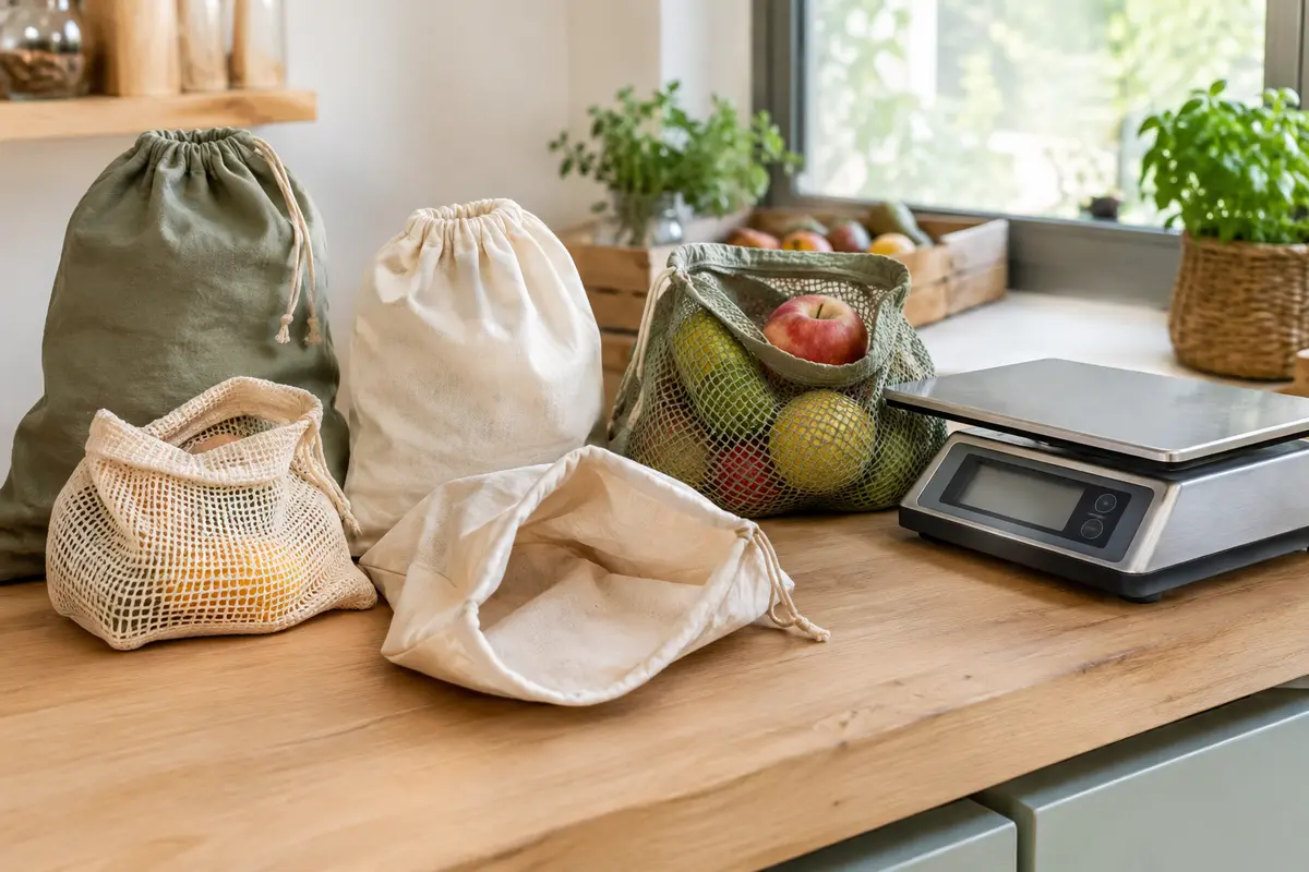 Sacs réutilisables en tissu posés près d’une balance de marché pour vérifier la tare avant les achats en vrac.