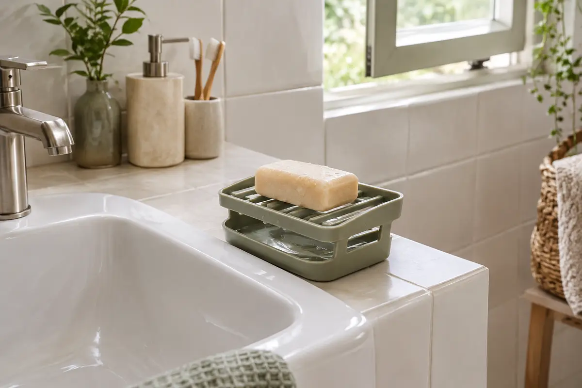 Porte-savon ajouré sur un lavabo, avec un savon solide surélevé pour faciliter son séchage