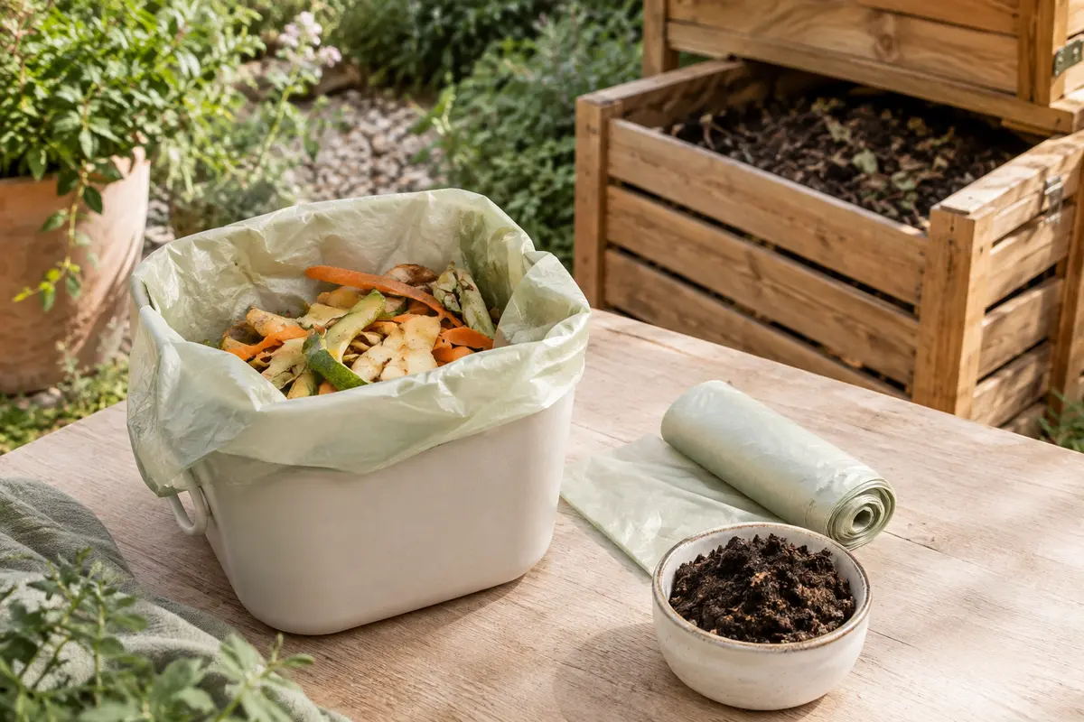 Sac compostable contenant des épluchures, près d’un bac de biodéchets et d’un composteur de jardin