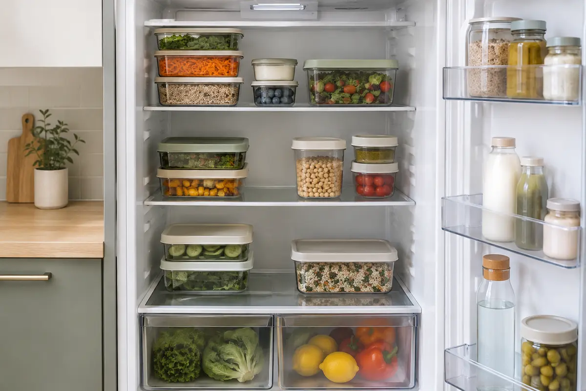 Boîtes alimentaires de plusieurs tailles rangées et empilées sur les étagères d’un réfrigérateur