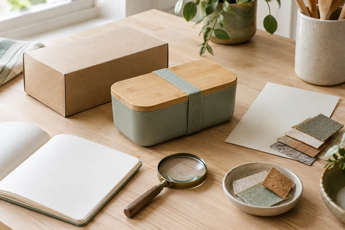 Accessoire de maison et emballage neutre examinés à côté d’une loupe et d’échantillons de matières.