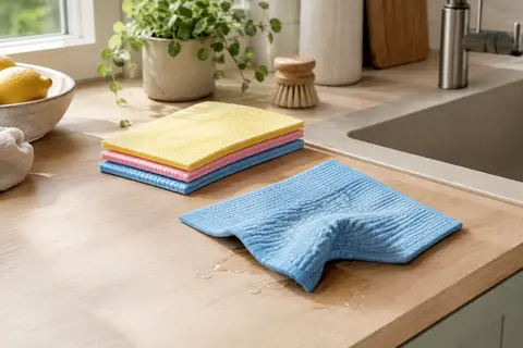 Torchons suédois en cellulose bleu, rose et jaune posés près d’un évier sur un plan de travail clair.