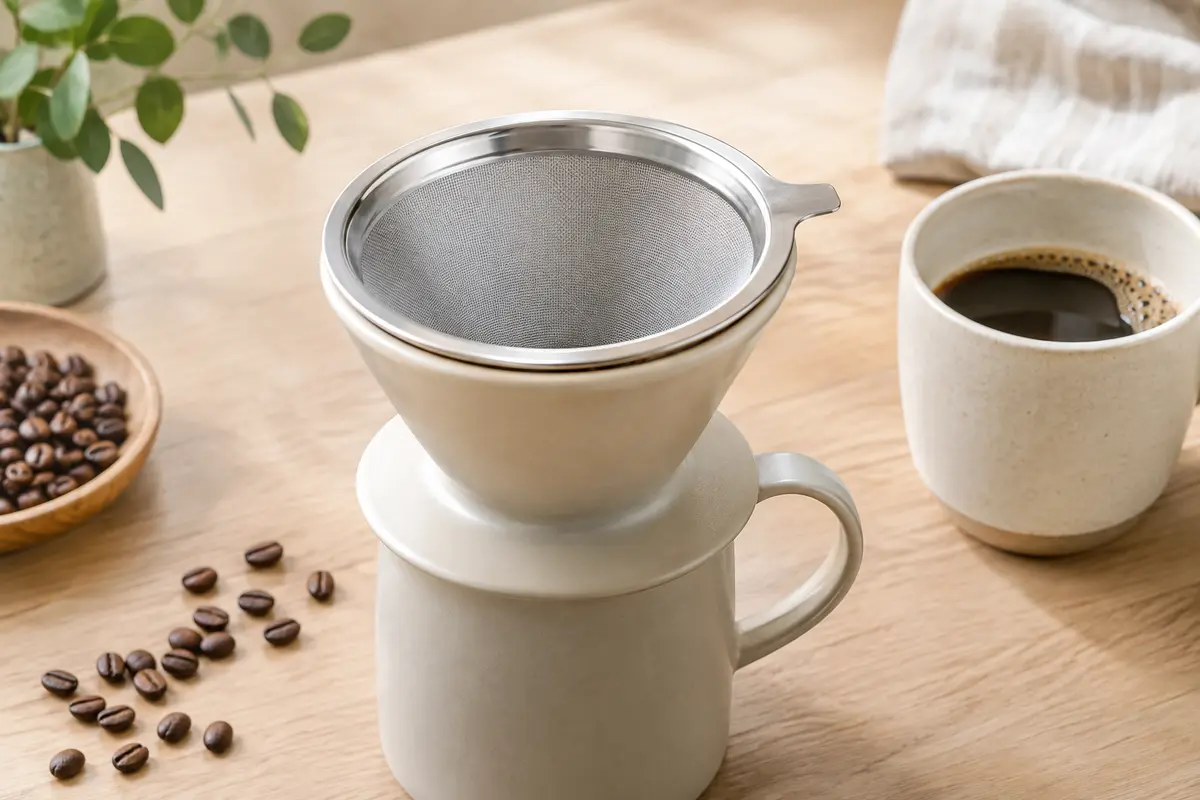 Filtre à café réutilisable en acier inoxydable argenté posé dans un porte-filtre sur du bois clair