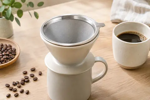 Filtre à café réutilisable en acier inoxydable argenté posé dans un porte-filtre sur du bois clair