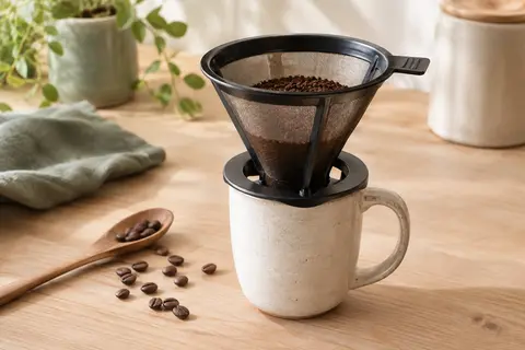 Filtre à café conique réutilisable noir posé sur un porte-filtre, avec une tasse en céramique.