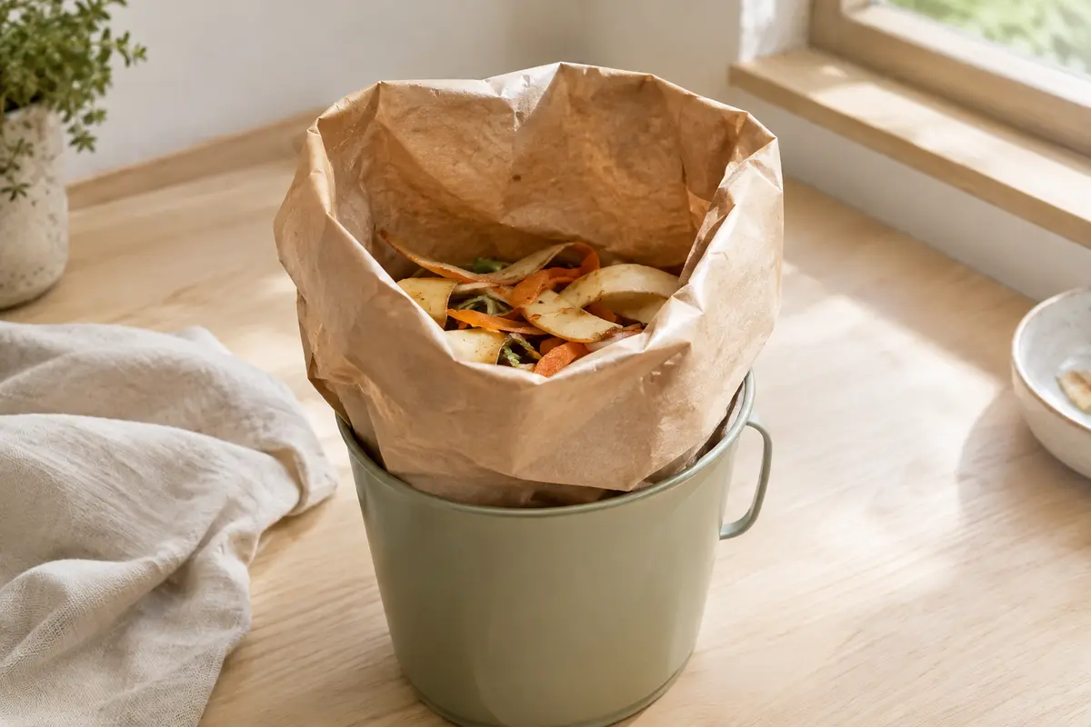 Sac beige compostable en papier recyclé installé dans un bio-seau avec quelques épluchures