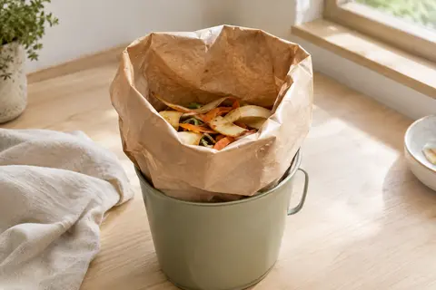 Sac beige compostable en papier recyclé installé dans un bio-seau avec quelques épluchures