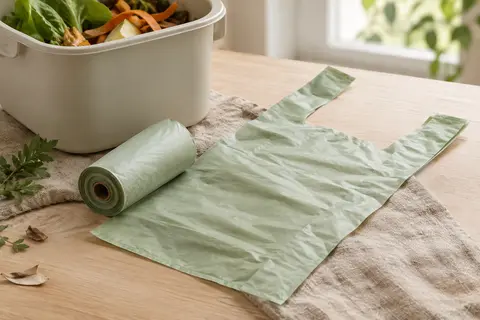 Rouleau de sacs compostables verts avec poignées, accompagné d’un sac ouvert sur une surface en bois clair.