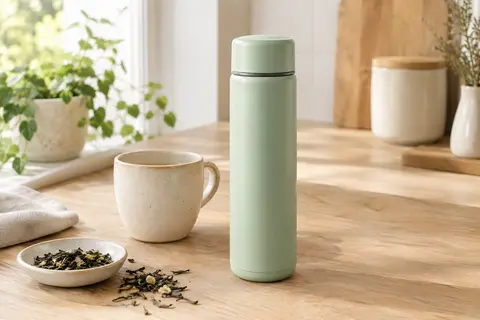 Gourde isotherme vert menthe posée sur un plan en bois clair près d’une tasse