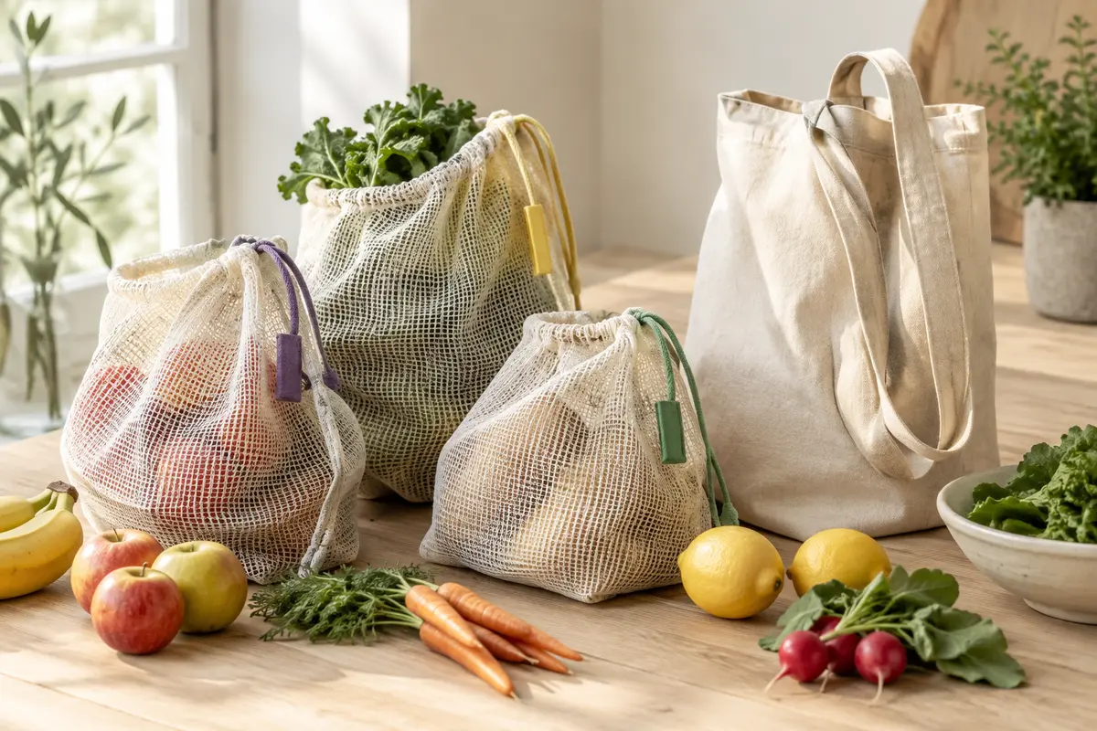 Sacs à vrac en maille de coton avec cordons, accompagnés d’un sac de transport beige à poignée