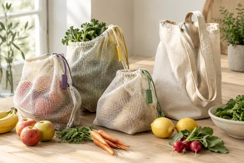 Sacs à vrac en maille de coton avec cordons, accompagnés d’un sac de transport beige à poignée