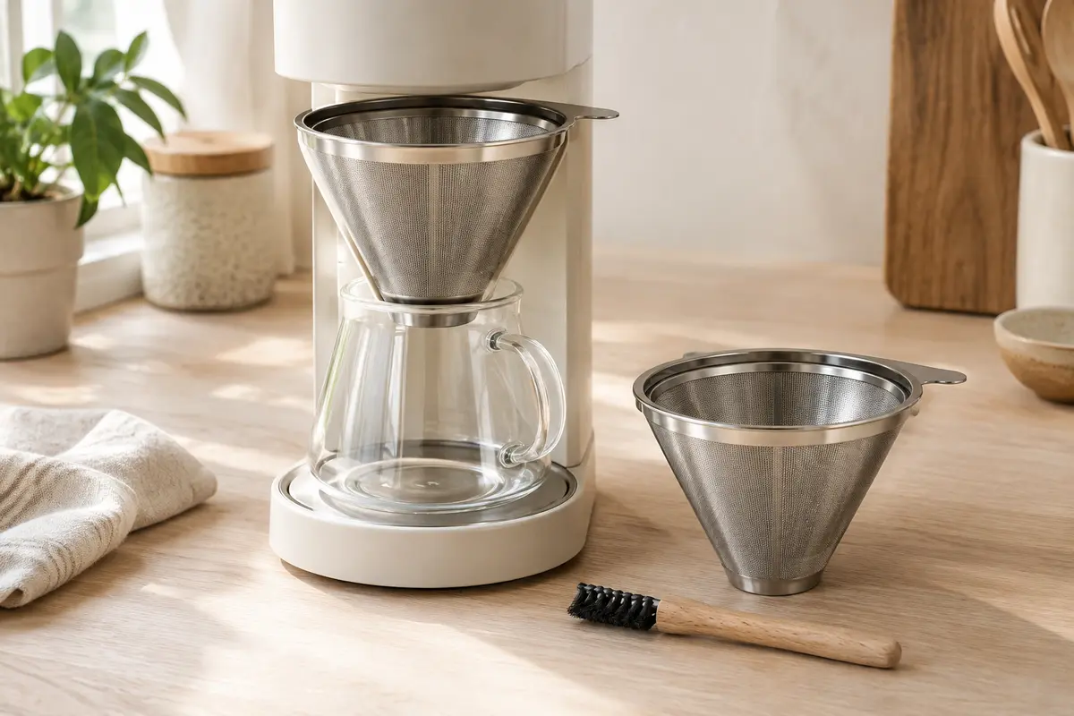 Deux filtres à café coniques en inox avec leur brosse, dont un placé dans une cafetière