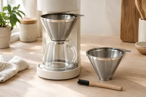 Deux filtres à café coniques en inox avec leur brosse, dont un placé dans une cafetière