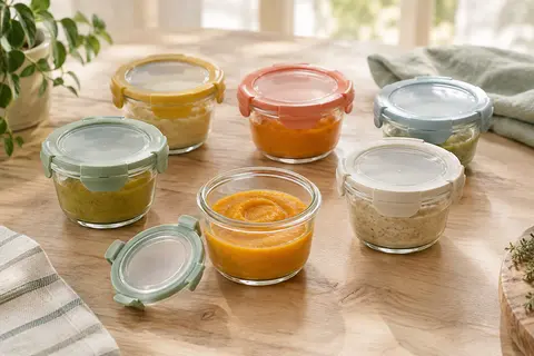 Six pots ronds en verre pour bébé, avec couvercles multicolores, dont un ouvert sur une portion de purée.