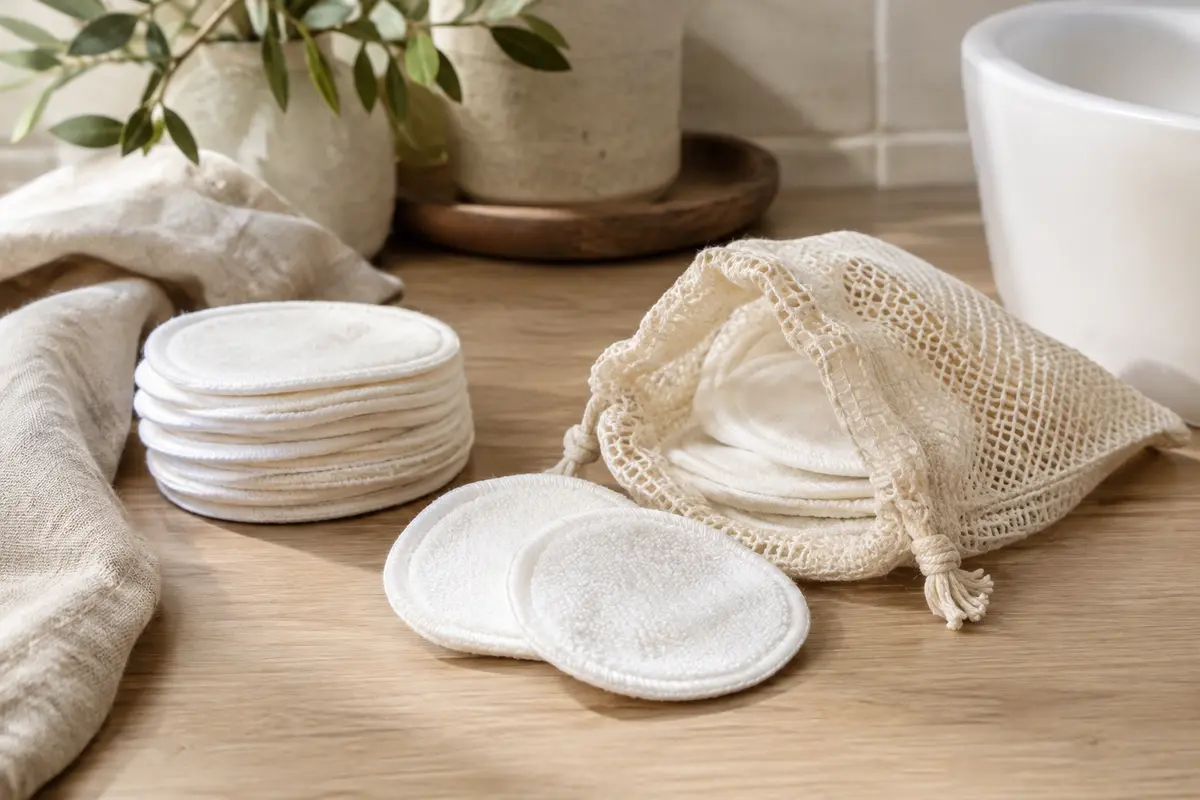 Cotons démaquillants lavables blancs et sac en maille de coton posés sur du bois clair.