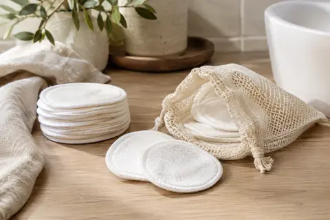 Cotons démaquillants lavables blancs et sac en maille de coton posés sur du bois clair.