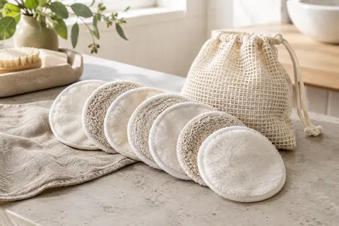 Disques démaquillants lavables aux textures velours et bouclette, accompagnés de leur sac en maille de coton.