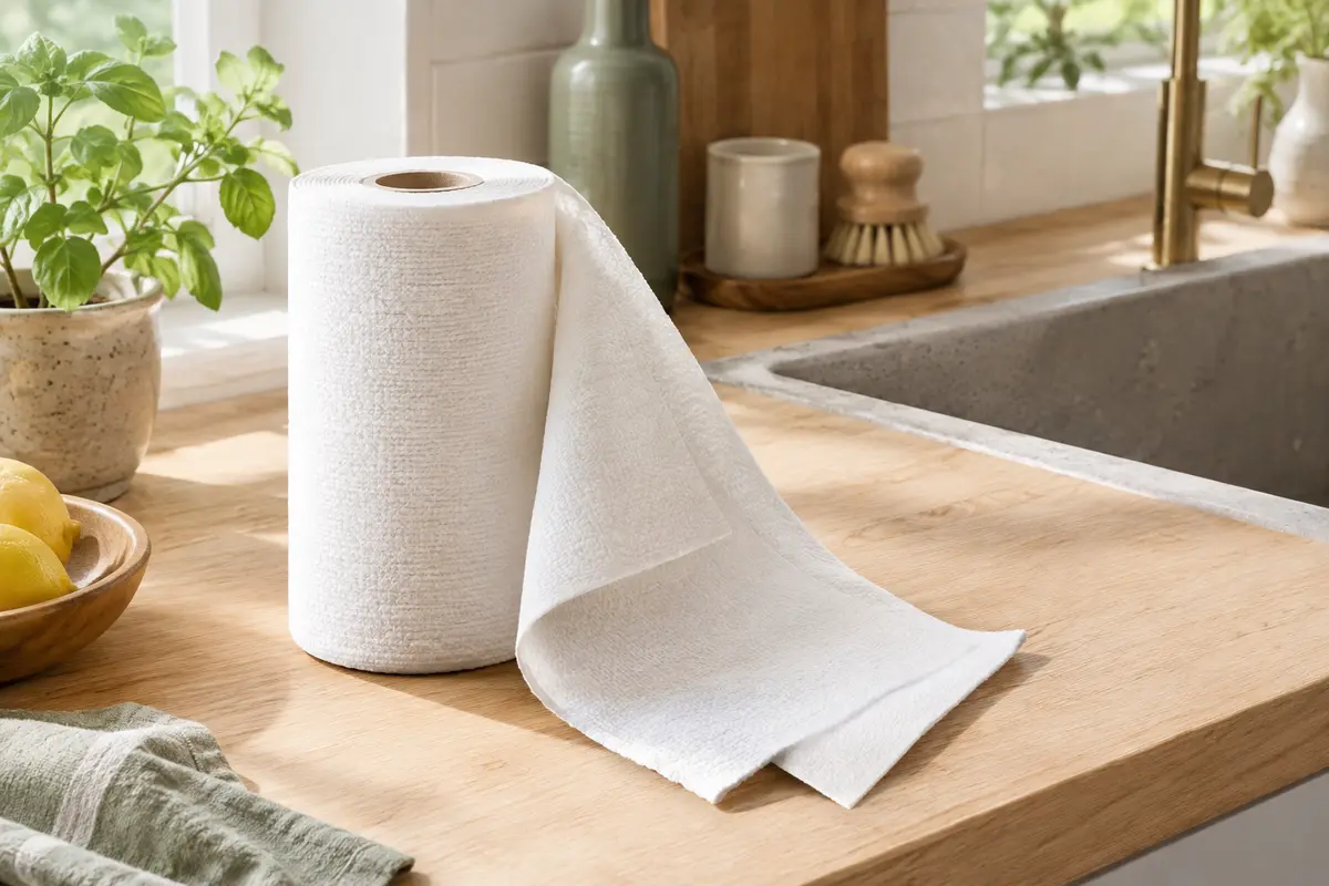 Rouleau blanc d’essuie-tout lavable en bambou posé sur un plan de travail en bois clair.
