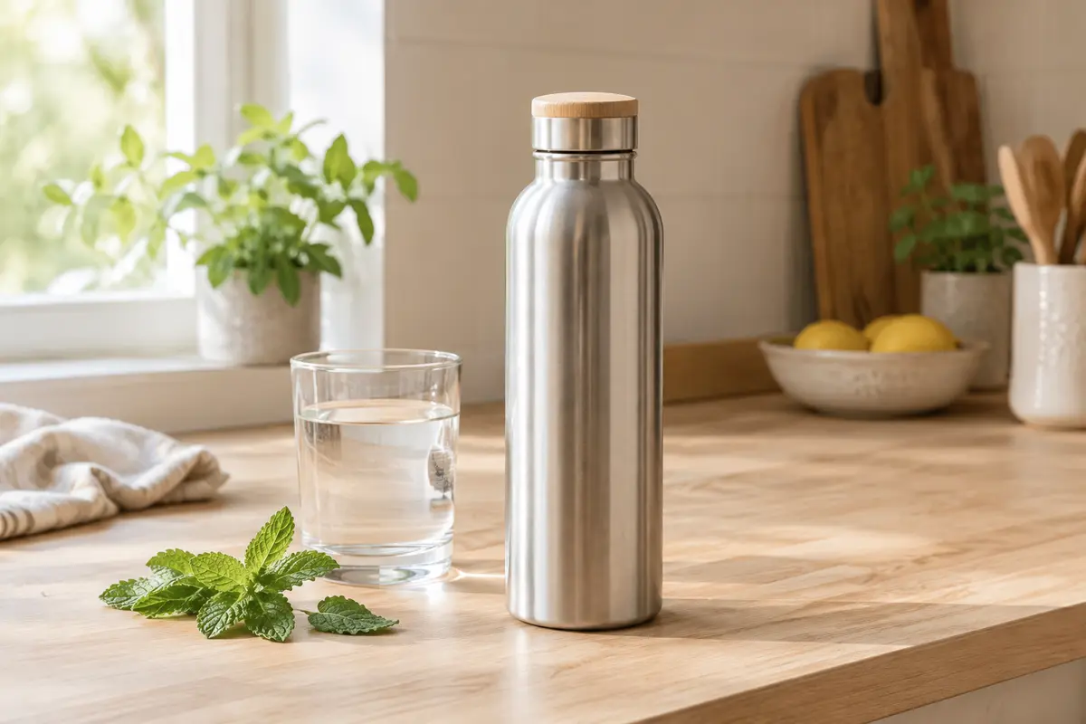 Gourde isotherme en acier inoxydable avec bouchon à finition bambou posée sur une table en bois clair.