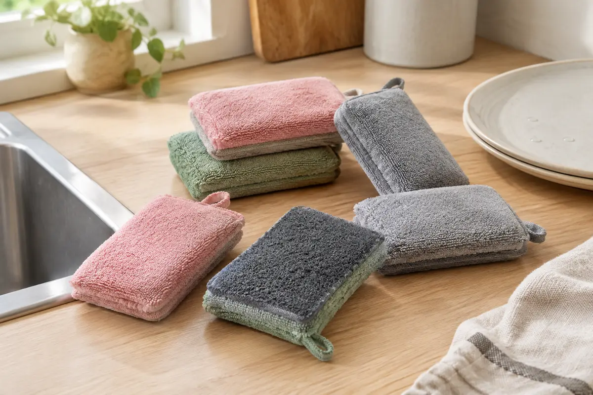 Lot d’éponges lavables en microfibre aux faces douce et grattante, posé près d’un évier