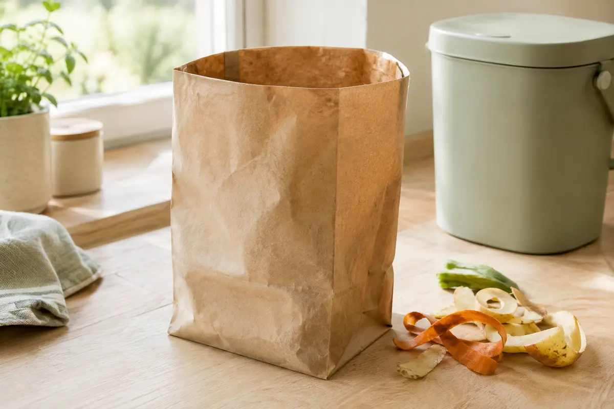 Sac à biodéchets en papier kraft brun posé debout sur une surface en bois clair