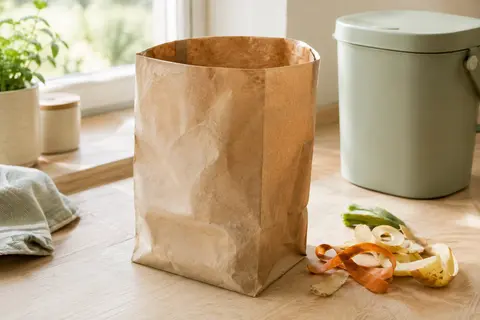 Sac à biodéchets en papier kraft brun posé debout sur une surface en bois clair
