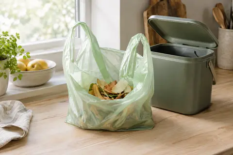 Sac compostable vert à poignées contenant des épluchures, près d’un bac à déchets alimentaires.