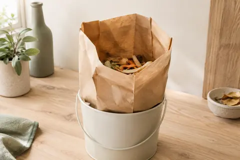 Sac à biodéchets en papier kraft brun posé dans un seau de cuisine avec quelques épluchures
