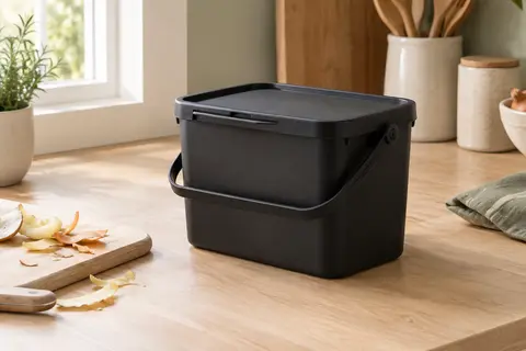 Poubelle de cuisine rectangulaire en plastique noir mat avec couvercle et poignée, posée sur un plan de travail clair.