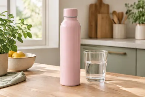 Gourde isotherme rose clair en acier inoxydable avec bouchon à vis, posée sur une surface en bois clair.