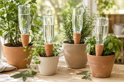 Quatre cônes d’arrosage en terre cuite montés avec des bouteilles dans des pots de plantes