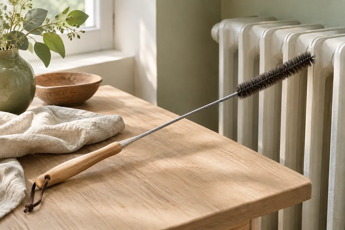Brosse longue à manche en bois et tige flexible posée près d’un radiateur à ailettes