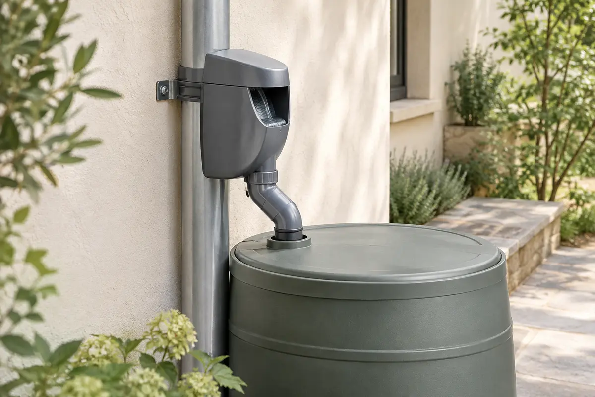 Collecteur d’eau de pluie gris monté sur une descente ronde et raccordé à une réserve de jardin