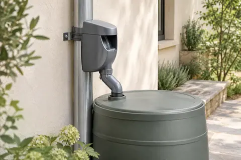 Collecteur d’eau de pluie gris monté sur une descente ronde et raccordé à une réserve de jardin