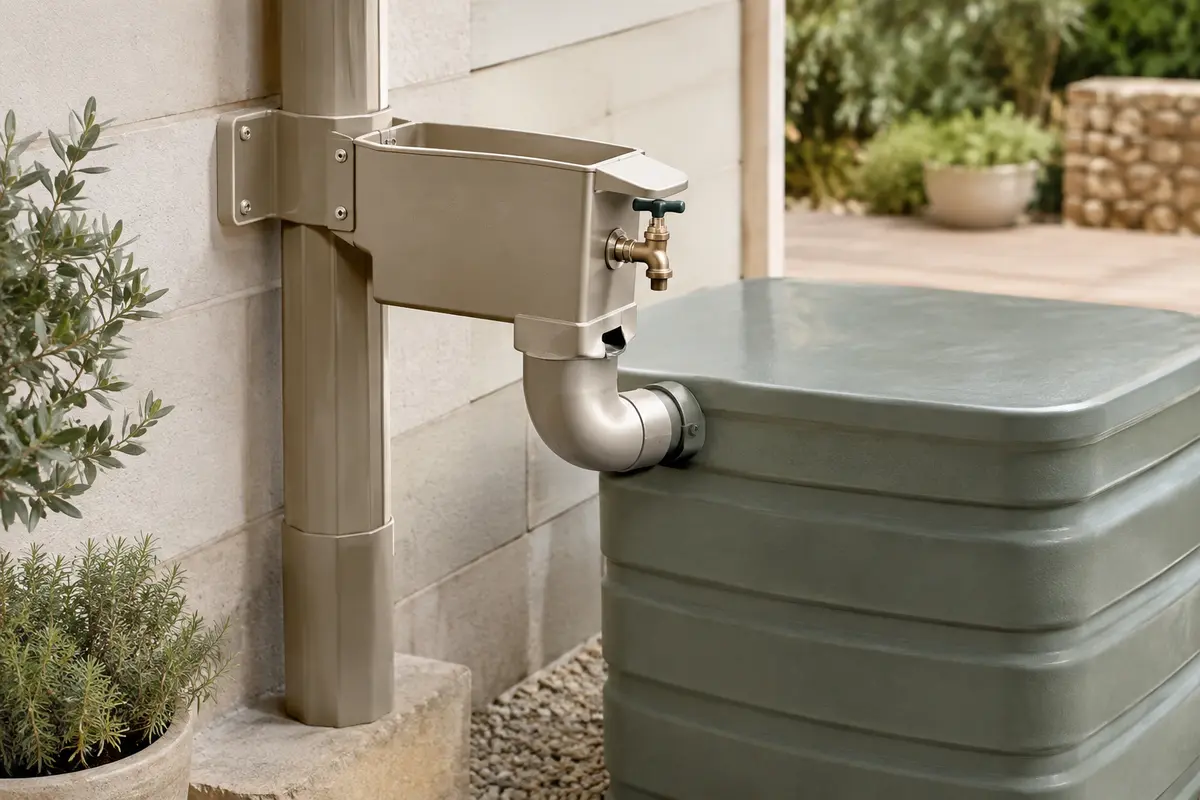 Collecteur d’eau de pluie rectangulaire avec robinet et coude raccordé à une réserve de jardin